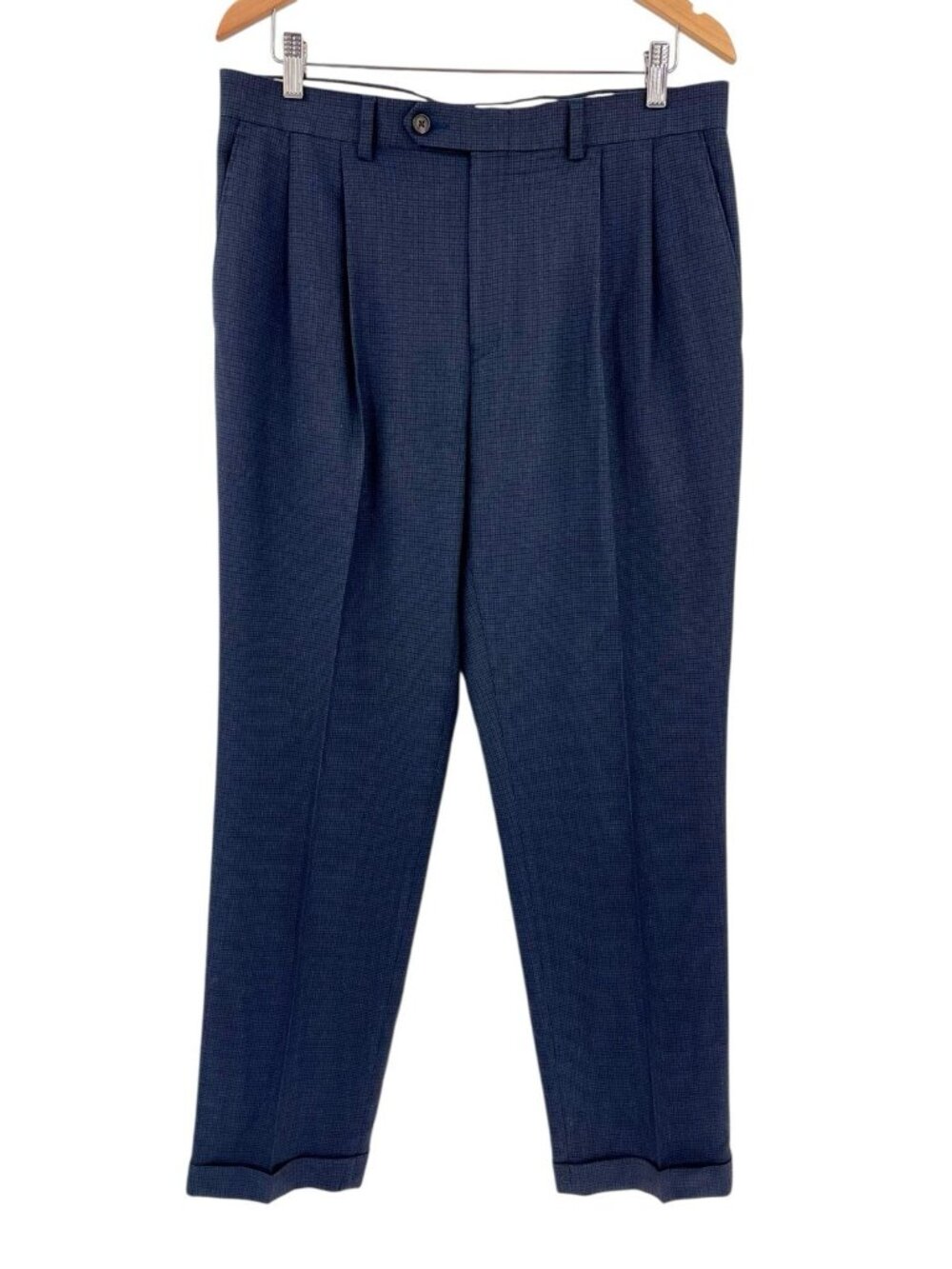 RALPH LAUREN Men's Blue Small Check Pleated Cuffed Straight Leg Dress Pant 34/32